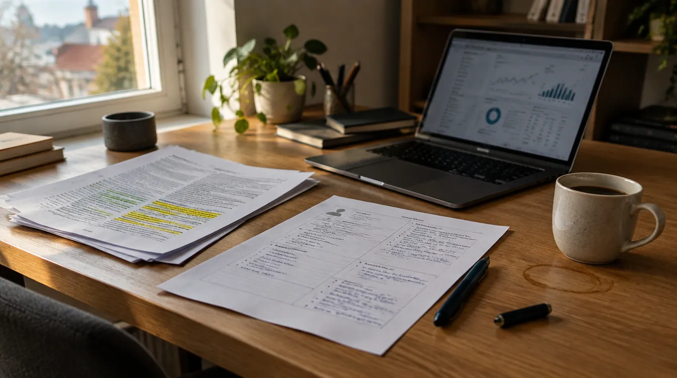 A wooden desk with a laptop showing data charts, documents, a pen and a coffee mug.